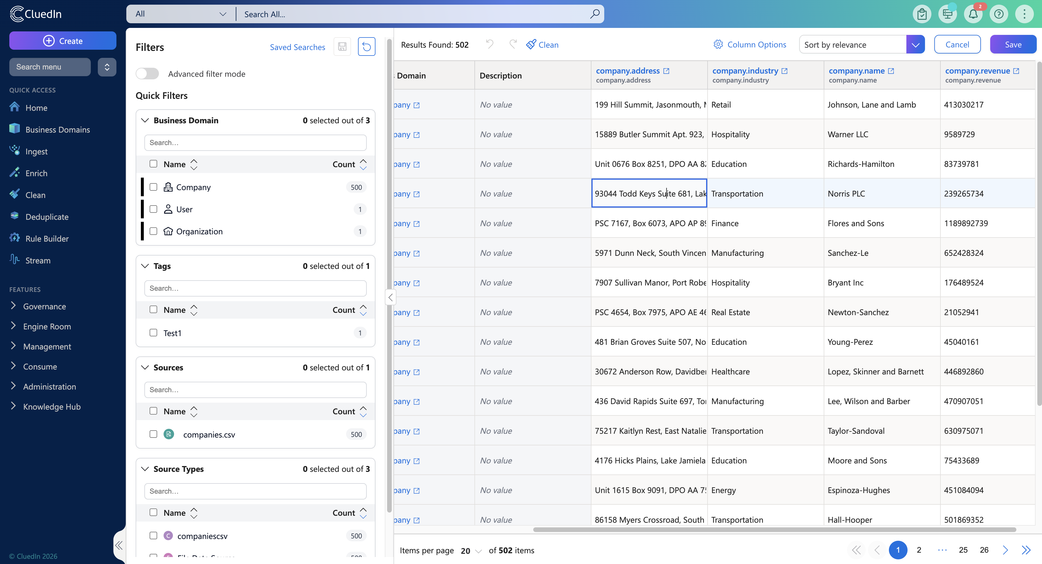 Search page in edit mode with vocabulary key columns and a value cell being edited inline, plus Cancel and Save buttons